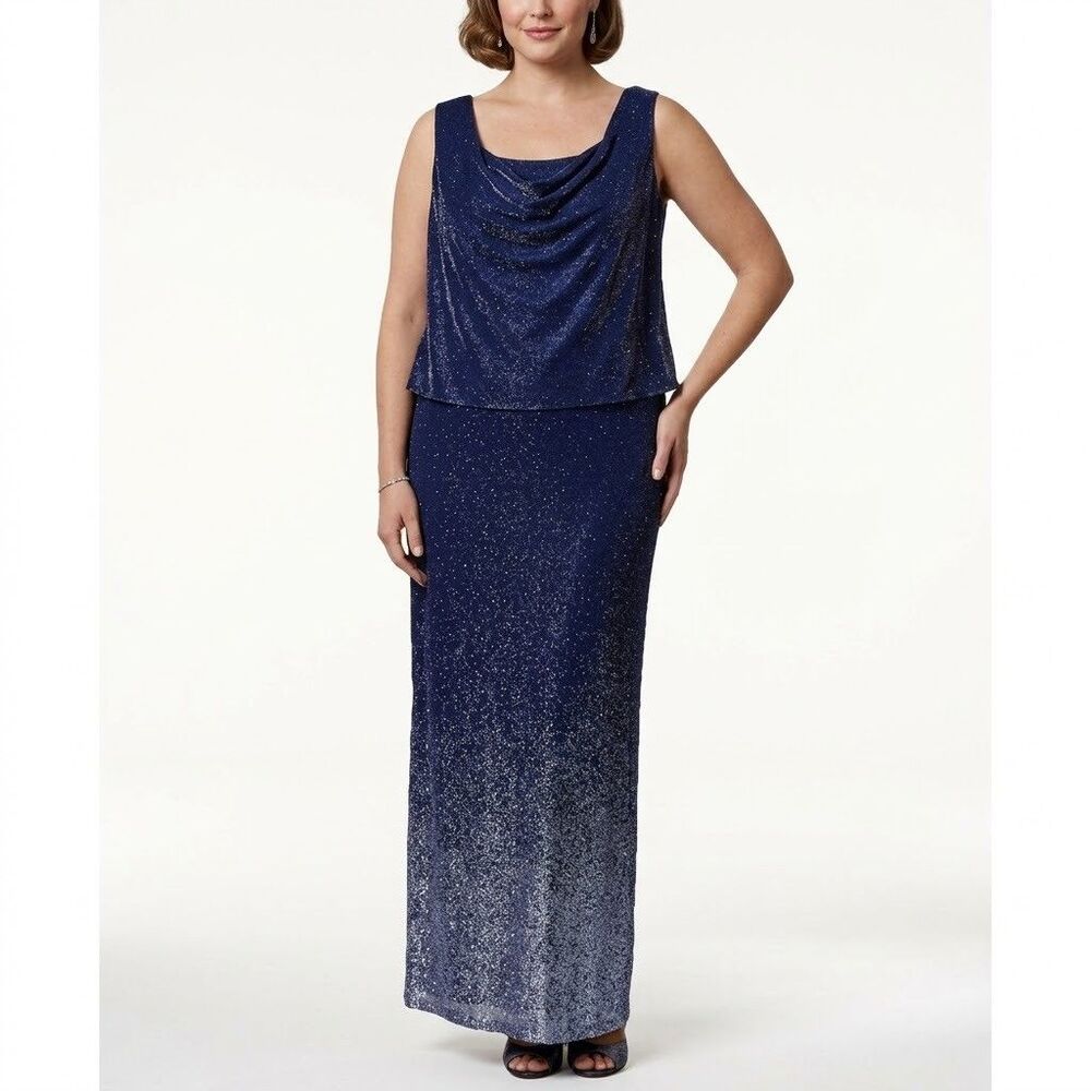 Vintage Onyx Nite Metallic Navy Blue Dress Maxi Evening Formal 16 Made in USA